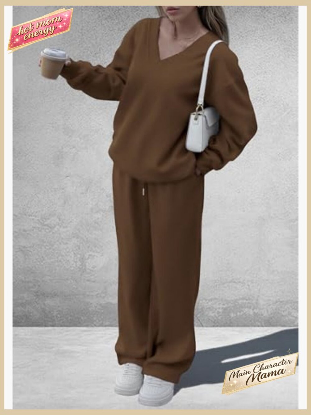 Oversized V-Neck Sweatsuit Set Loose Wide Leg Pants Knit Casual Lounge Wear - Picture 3 of 7